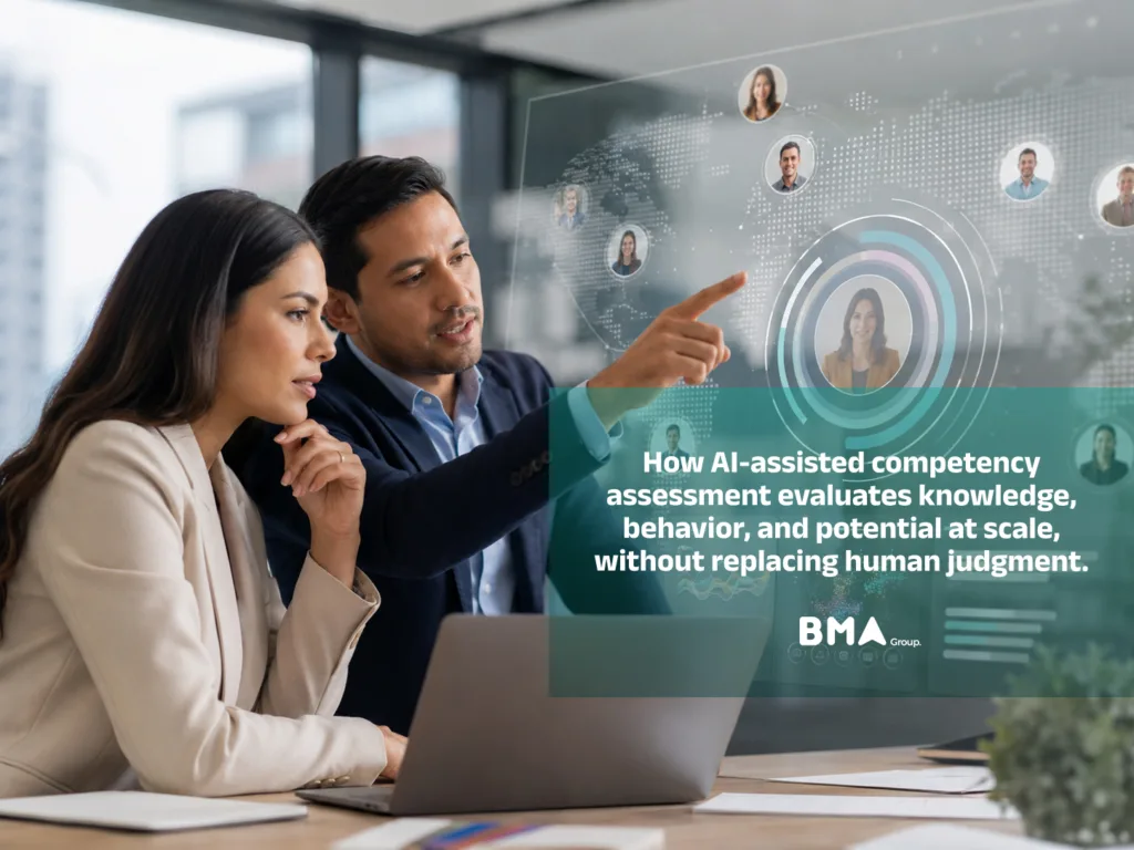 Professional in an AI-assisted competency interview; illustrates how BMA Generative Interview™ discovers talent beyond the résumé.