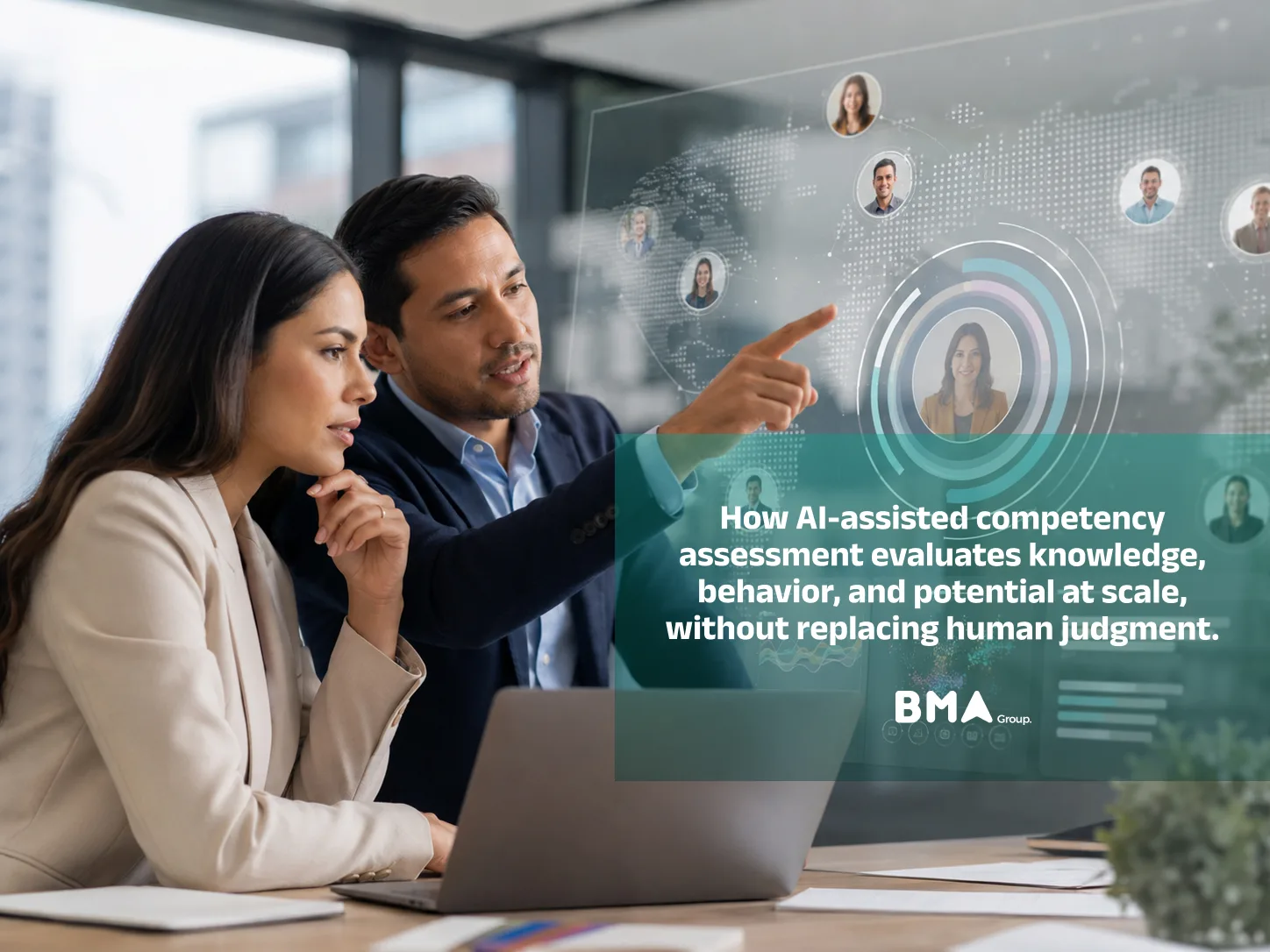 Professional in an AI-assisted competency interview; illustrates how BMA Generative Interview™ discovers talent beyond the résumé.
